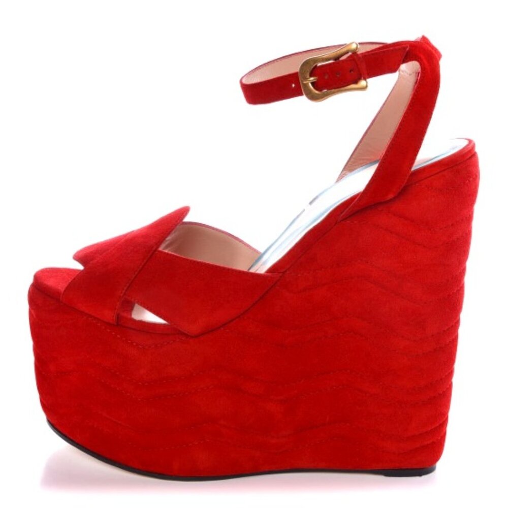 NIB Gucci Sally suede hibiscus red platform wedge heels ankle strap sandals 38